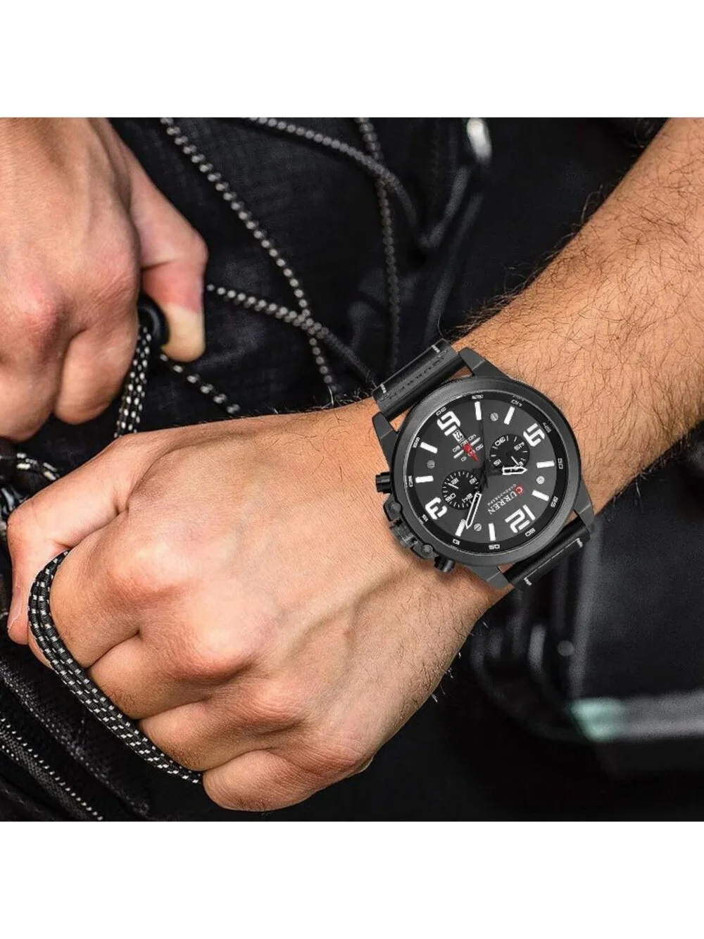 Men's Black Analog Quartz Leather Strap Sandwich Dial Chronograph Wrist Watch